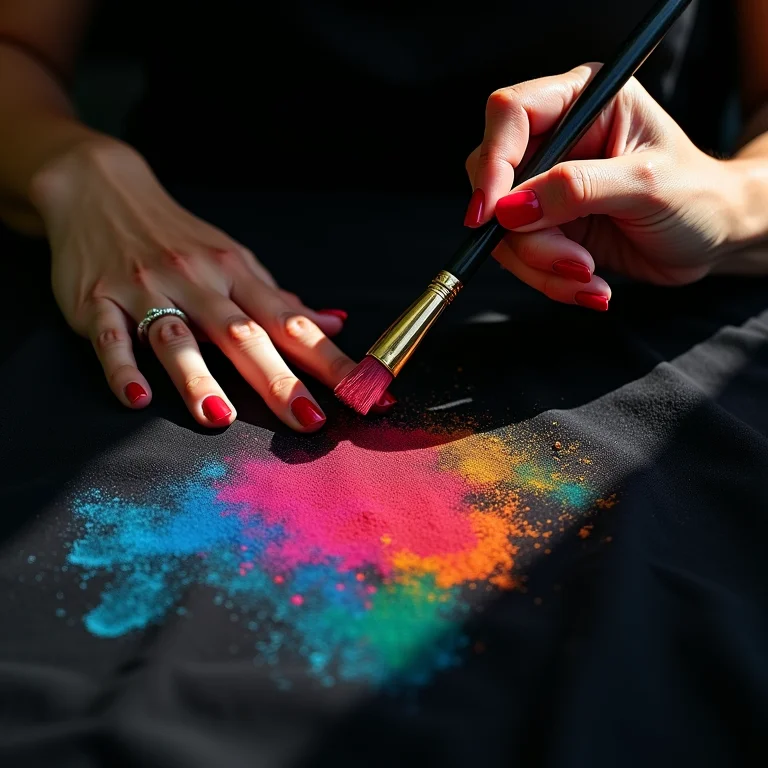 Pintura em tecido escuro com técnica de pontilhismo