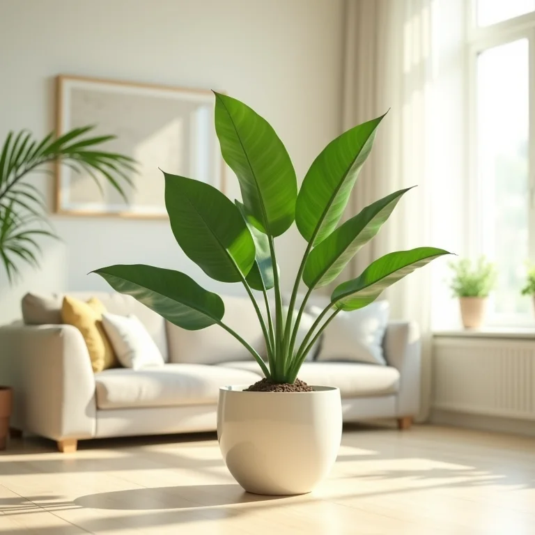 Planta verde em sala de estar iluminada.