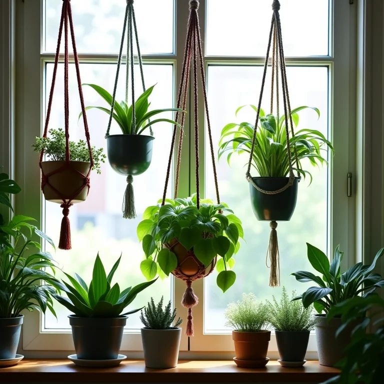 Plantas penduradas em suportes de macramê perto de uma janela.