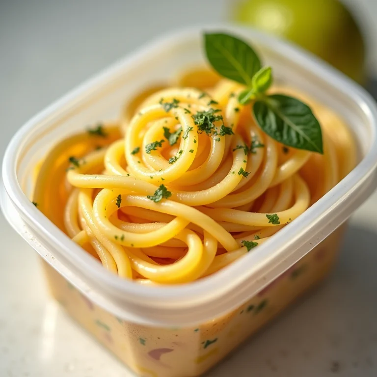 Porção de spaghetti al limone em um pote no freezer.