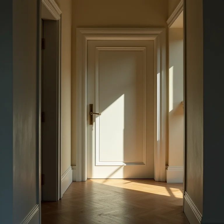 Porta fechada em um corredor com pouca luz