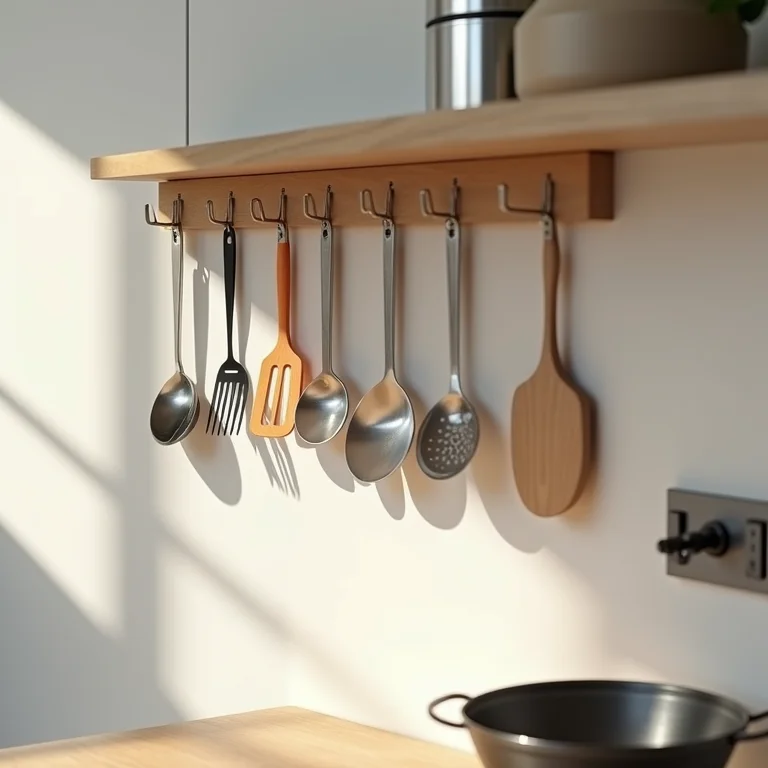 Portas de armário de cozinha com ganchos e suportes.