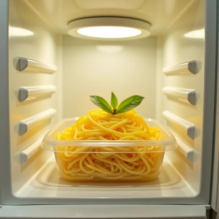 Pote com spaghetti al limone sobrando na geladeira.