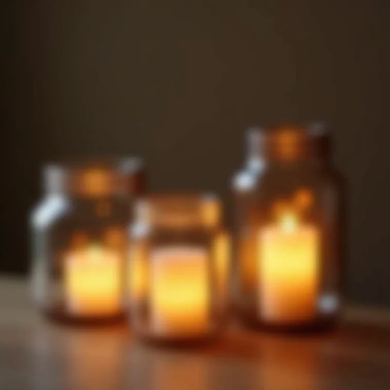 Potes de vidro como luminárias e porta-velas.