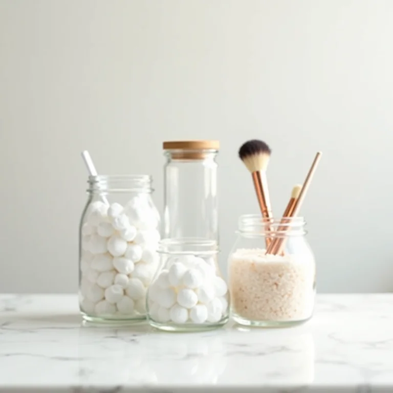 Potes de vidro como organizadores de banheiro.