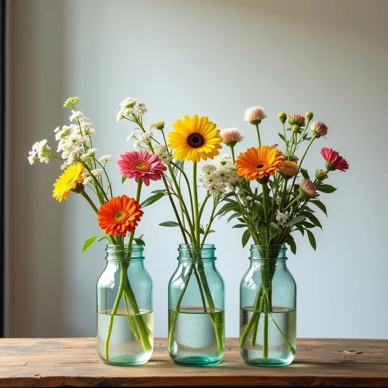 Potes de vidro transformados em vasos de flores.
