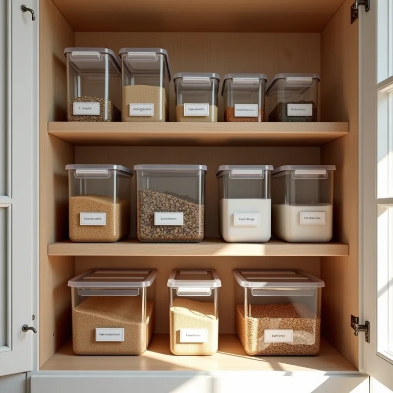 Potes transparentes e etiquetas para organizar armário de cozinha.