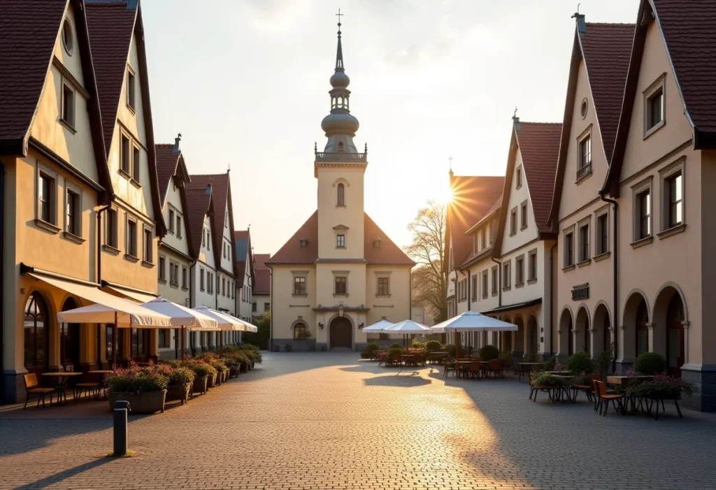 Praça central de Pomerode, com arquitetura alemã e luz dourada.