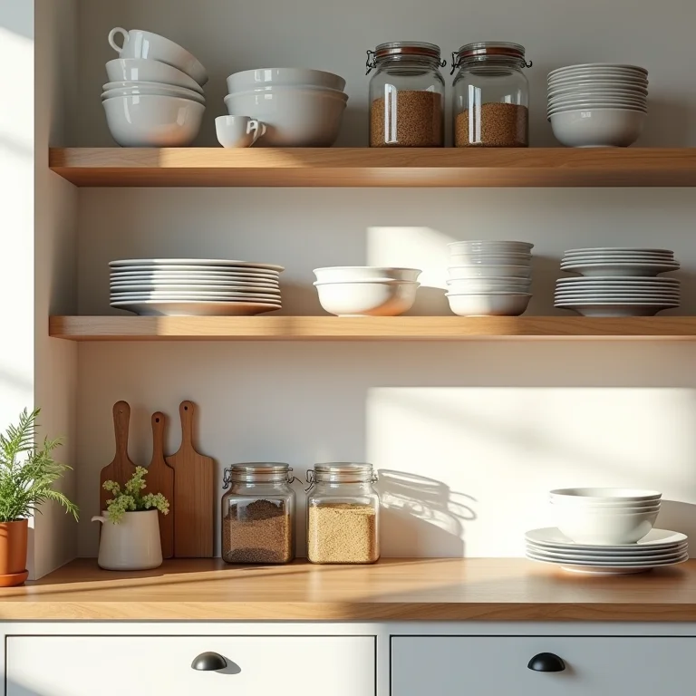 Prateleiras de cozinha de madeira bem organizadas com pratos, potes e especiarias.