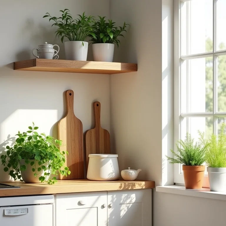 Prateleiras de madeira sustentável em uma cozinha iluminada.