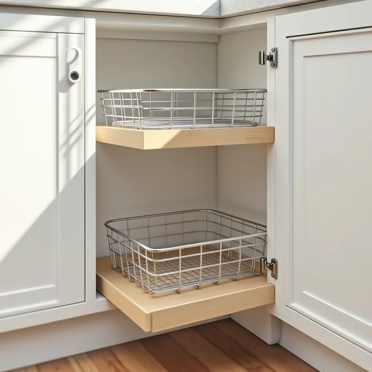 Prateleiras deslizantes e aramados em armário de cozinha.