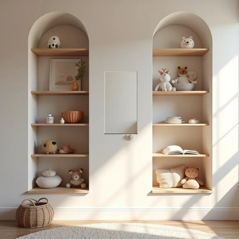 Prateleiras e nichos como solução de organização vertical para quarto de bebê