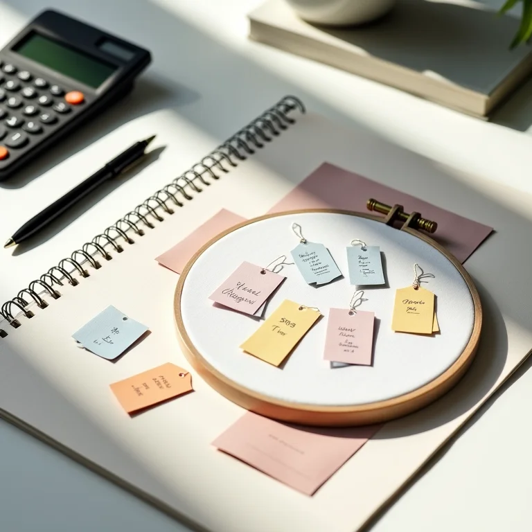 Precificação de peças bordadas em ponto russo em mesa de trabalho