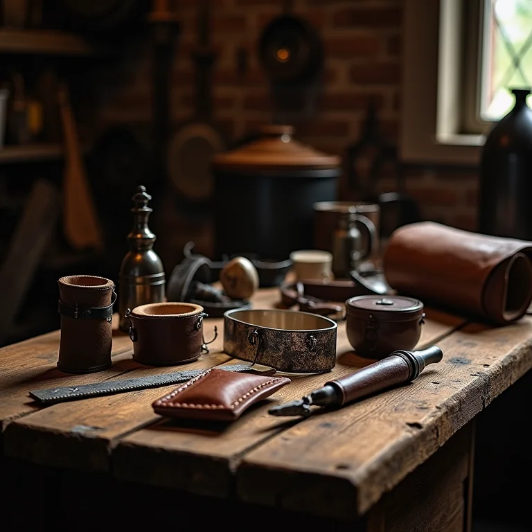 Produtos de couro e metal feitos à mão em estilo medieval exibidos em uma oficina.