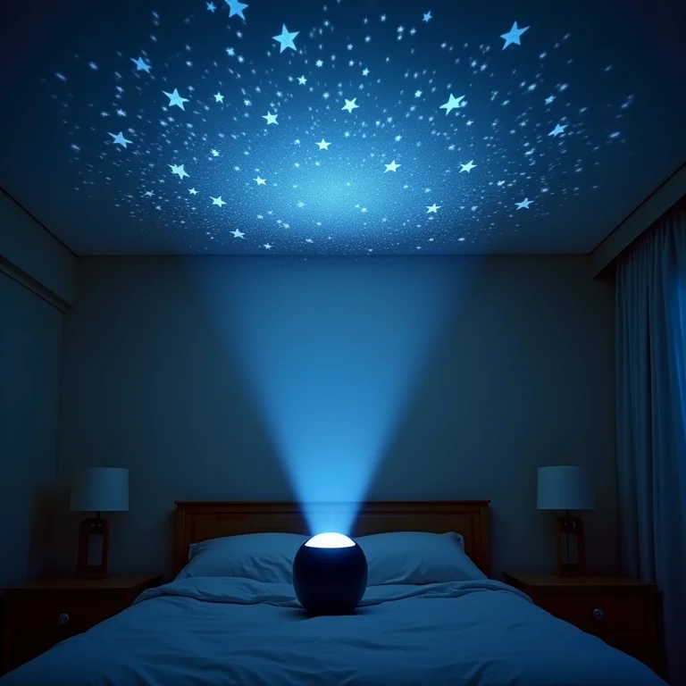 Projetor de luzes criando um céu estrelado no teto do quarto