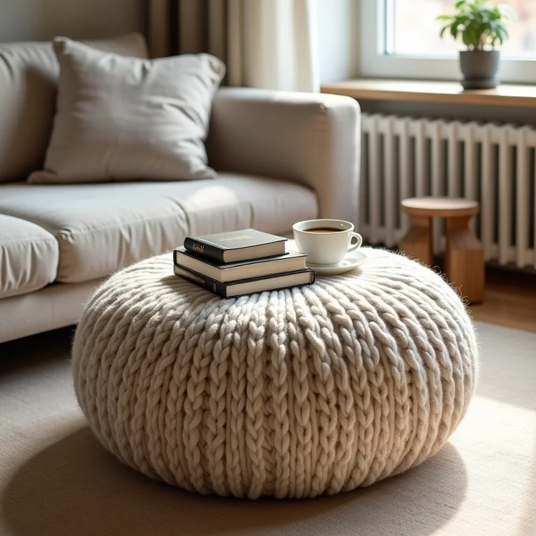 Puff como mesa de centro alternativa com livros e café