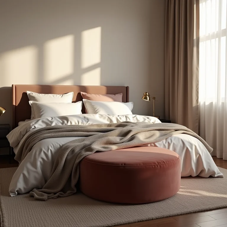 Puff de veludo como apoio para os pés no quarto