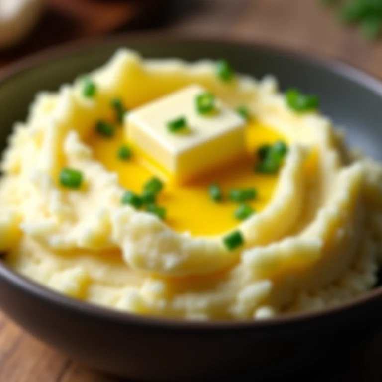 Purê de batata cremoso com manteiga e cebolinha.