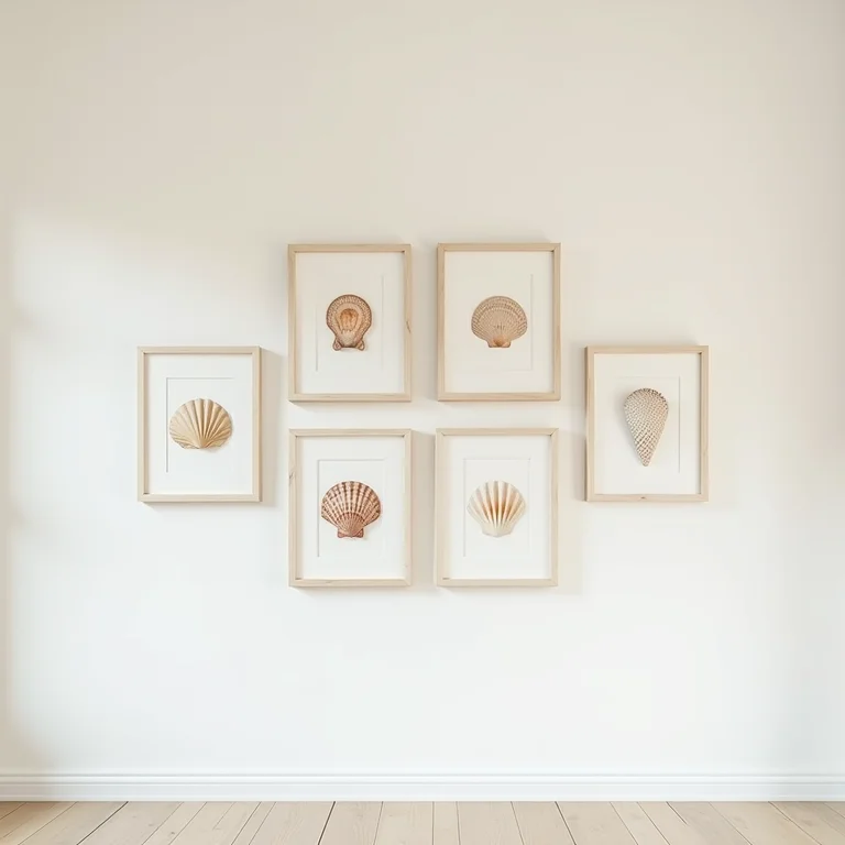 Quadros com conchas decorando uma parede