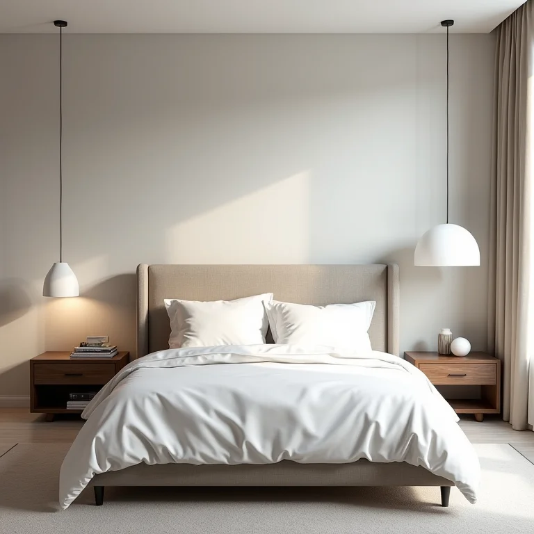 Quarto com cabeceira estofada de design moderno e minimalista