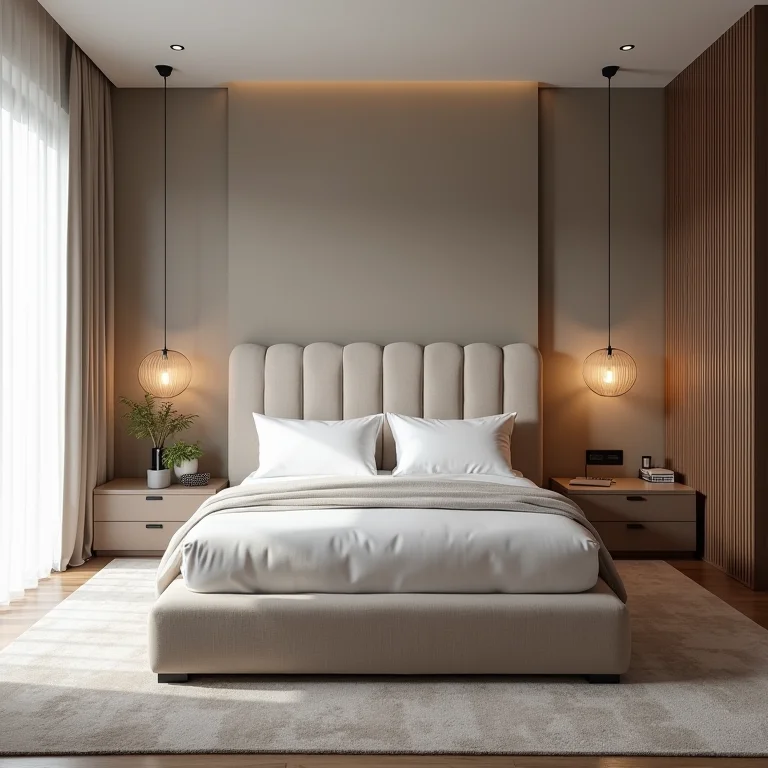 Quarto com cama king-size e cabeceira estofada proporcional ao tamanho do cômodo