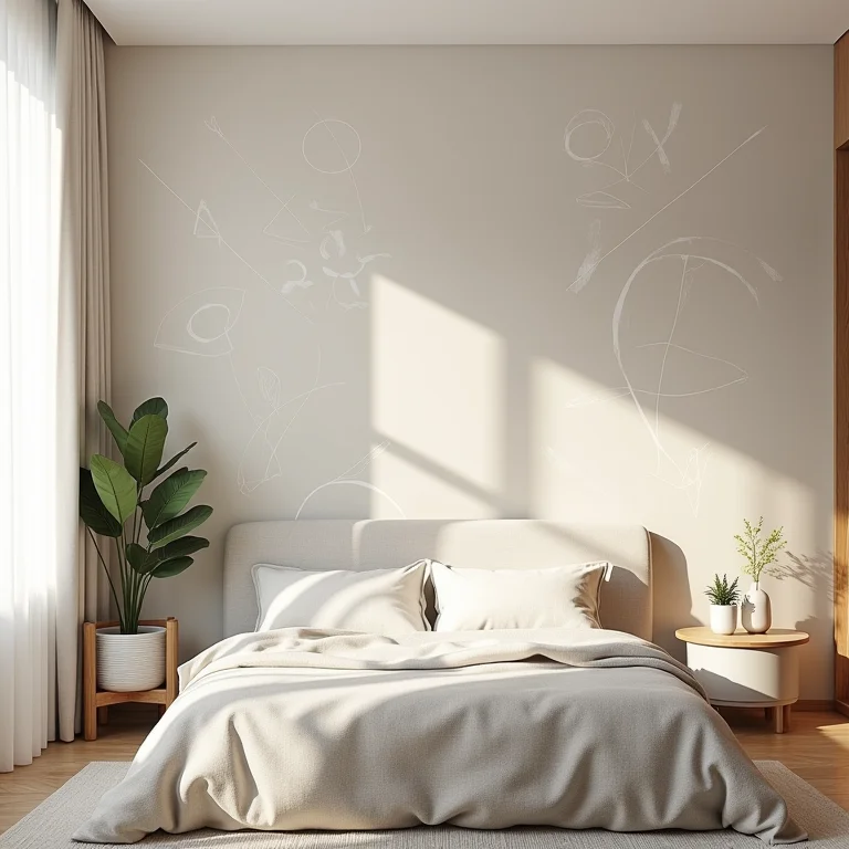 Quarto de casal com papel de parede geométrico