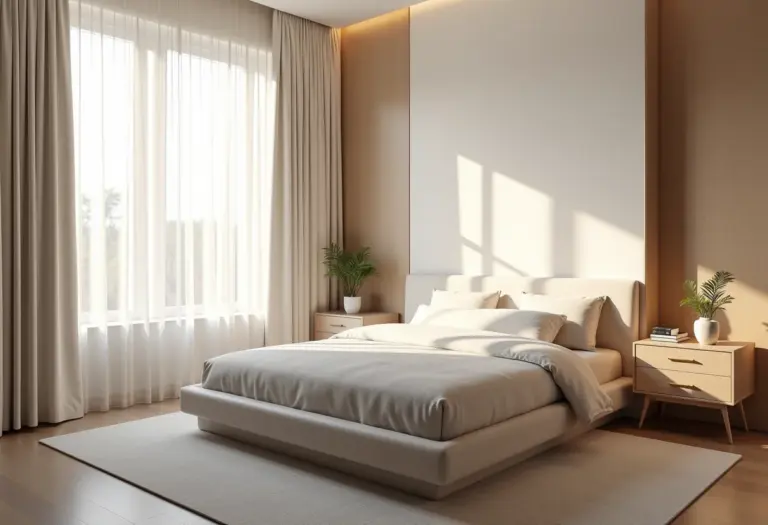 Quarto de casal moderno com iluminação suave e paleta de cores neutras