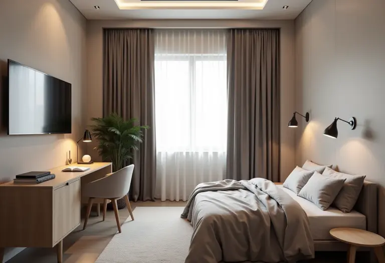 Quarto de casal pequeno com home office discreto