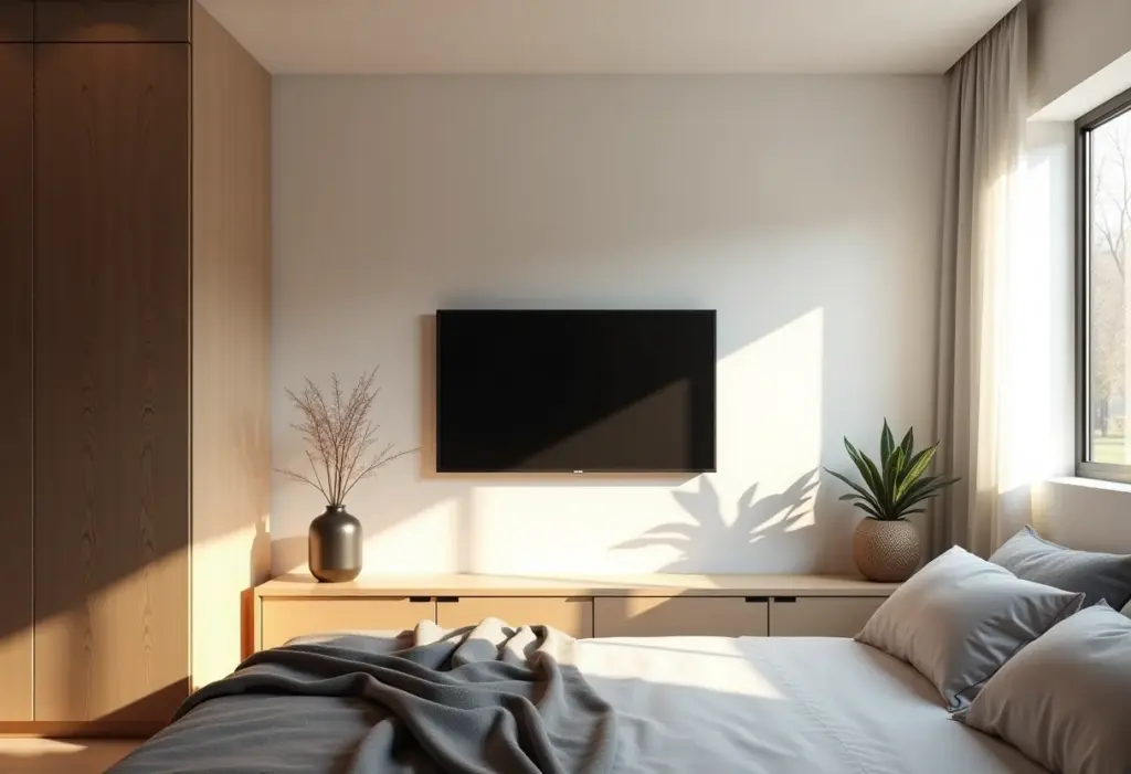 Quarto de casal pequeno com TV na parede