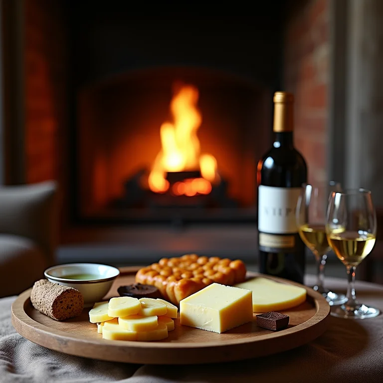 Quarto de hotel aconchegante com lareira, vinho e queijos em Gramado