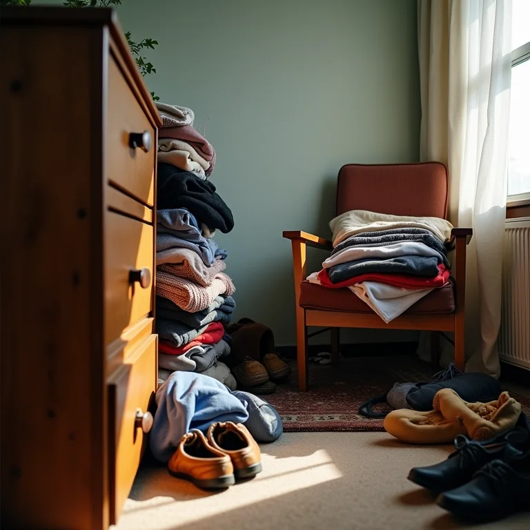 Quarto desorganizado com roupas espalhadas e gavetas abertas