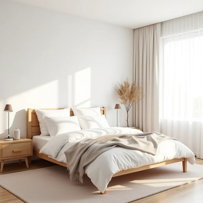 Quarto escandinavo com madeira clara e têxteis aconchegantes