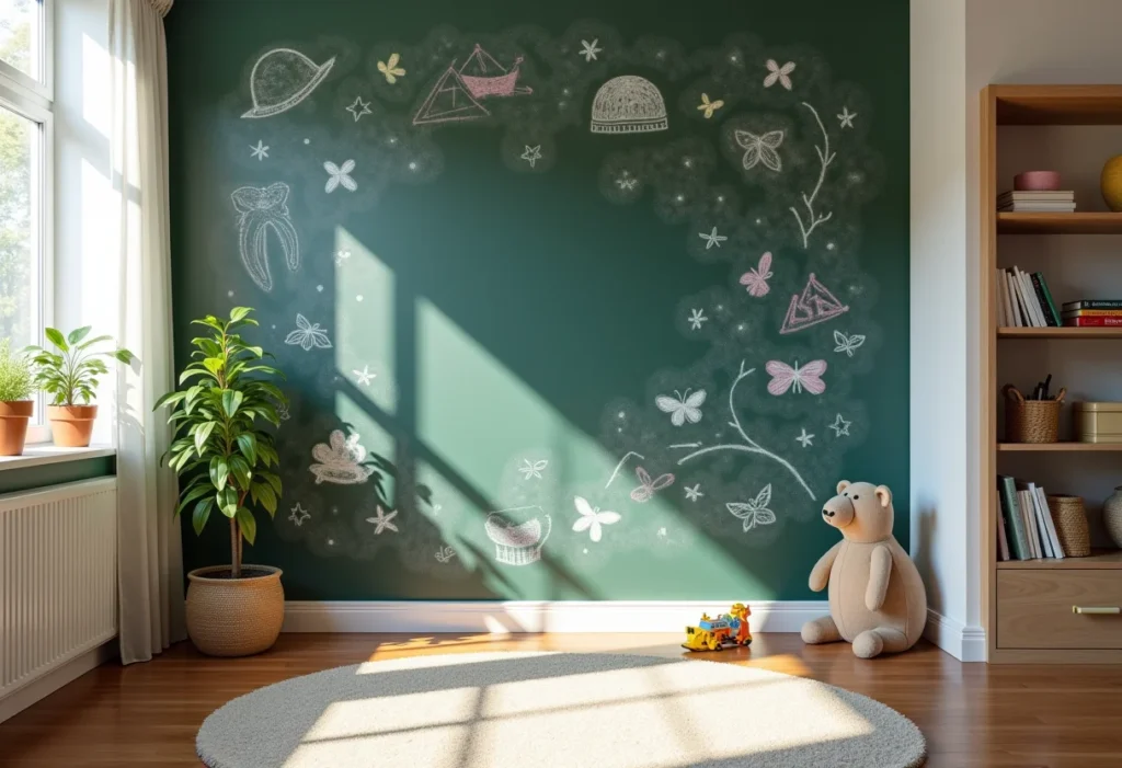 Quarto infantil com parede lousa decorada com desenhos coloridos