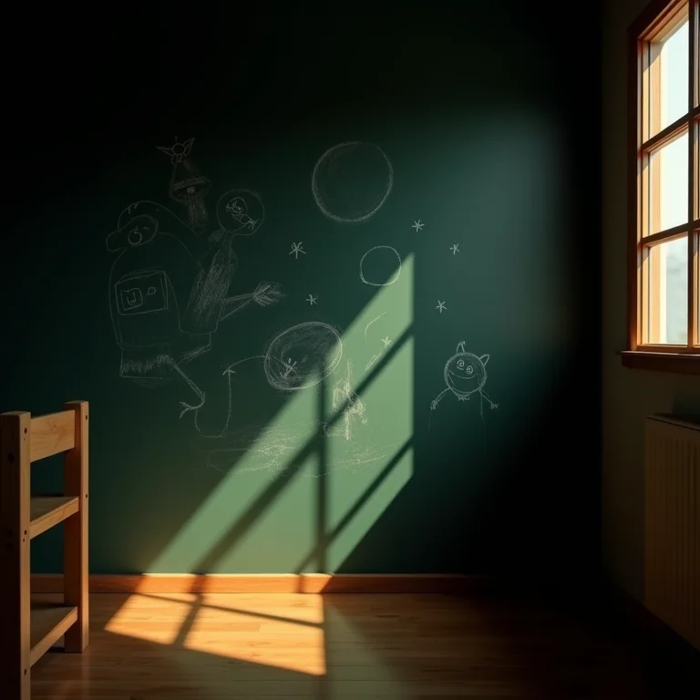 Quarto infantil com parede lousa mal iluminada