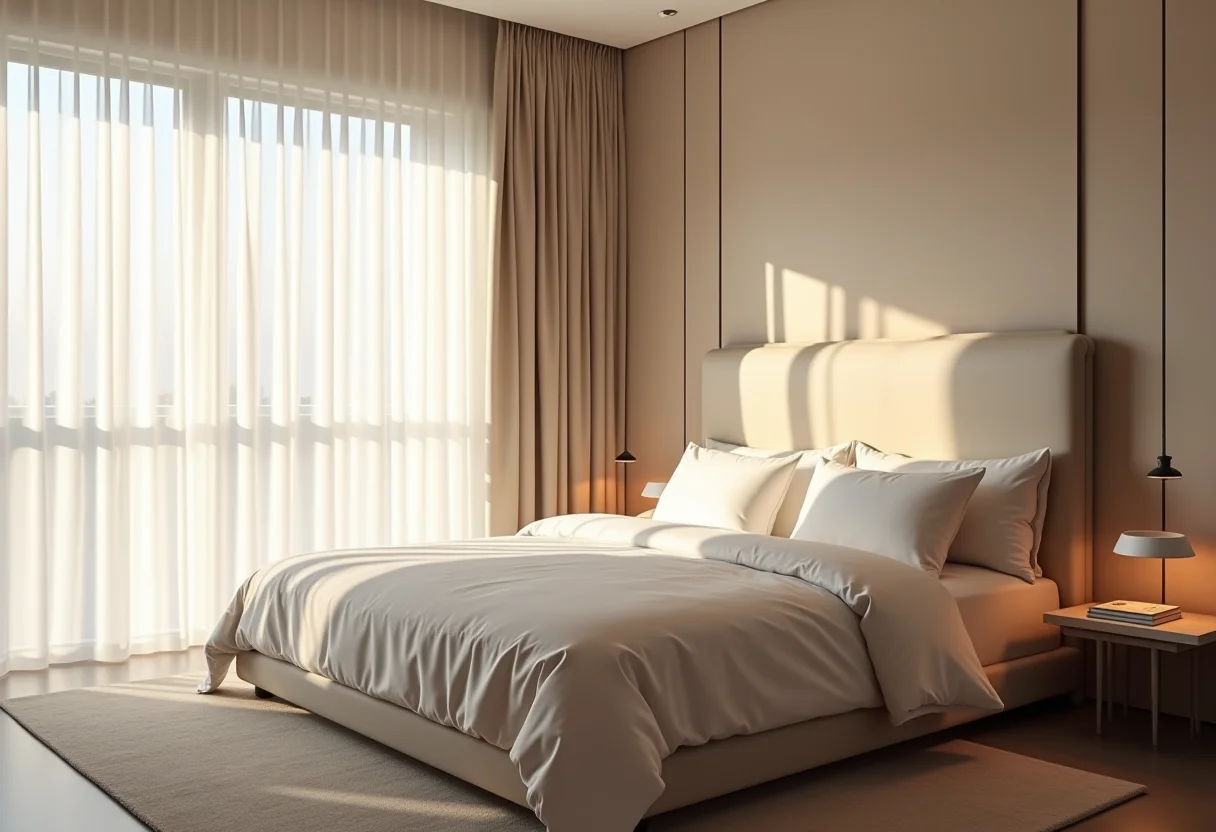 Quarto luxuoso com cabeceira estofada e iluminação natural