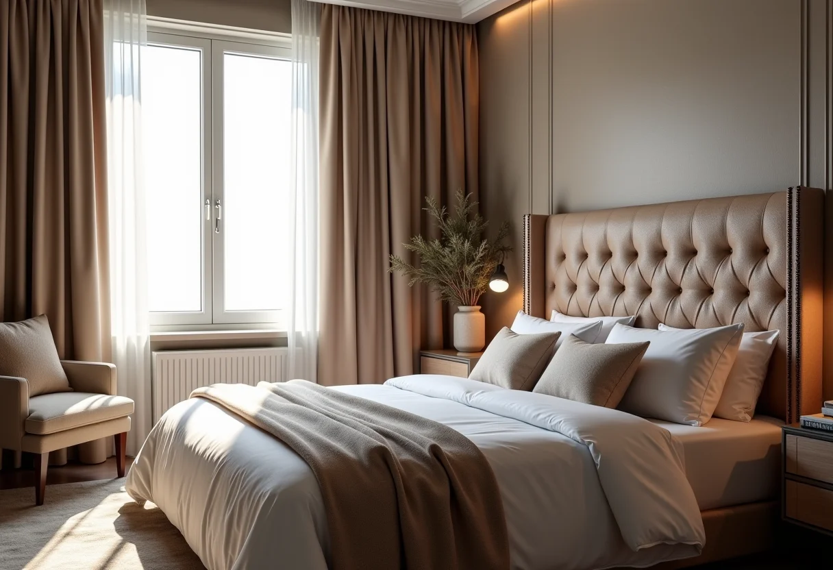 Quarto luxuoso com cabeceira estofada e tachas