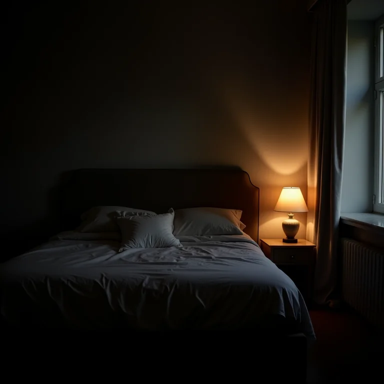 Quarto mal iluminado com luz fraca e sombras