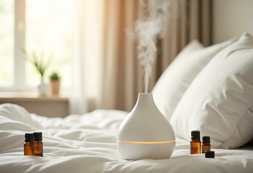 Quarto minimalista com difusor de aromas e óleos essenciais para aromaterapia