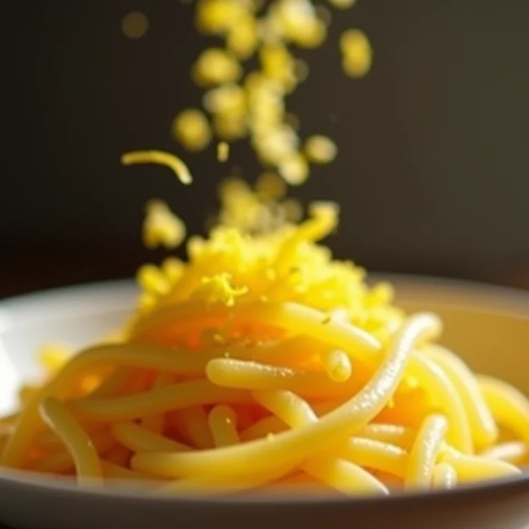 Raspas de limão siciliano caindo sobre um prato de spaghetti.