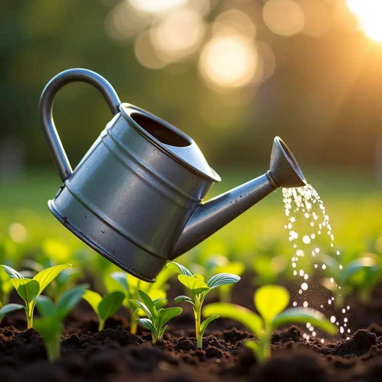 Regador de metal derramando água sobre mudas.