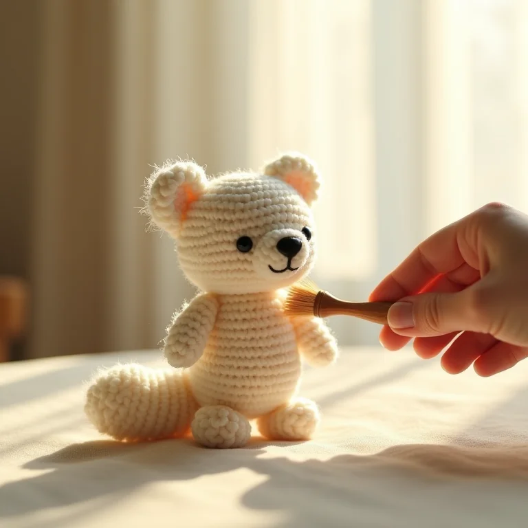 Removendo a poeira de um amigurumi com uma escova macia