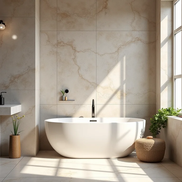 Revestimentos com textura em um banheiro moderno.