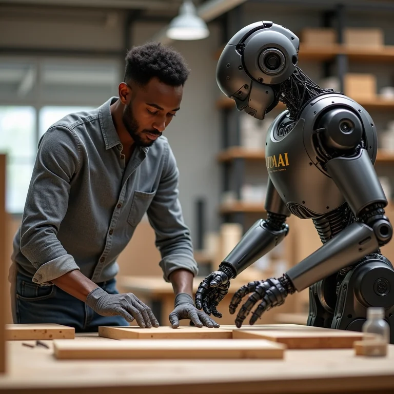 Robô colaborativo auxiliando artesão na montagem de móveis de madeira.