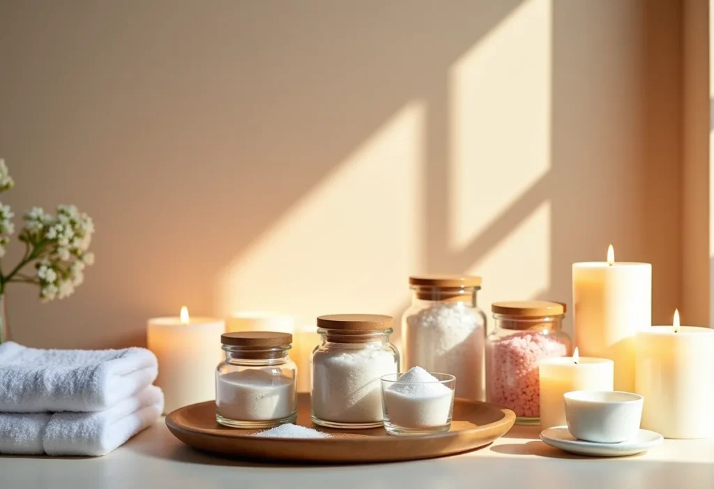 Sais de banho em um ambiente de spa relaxante