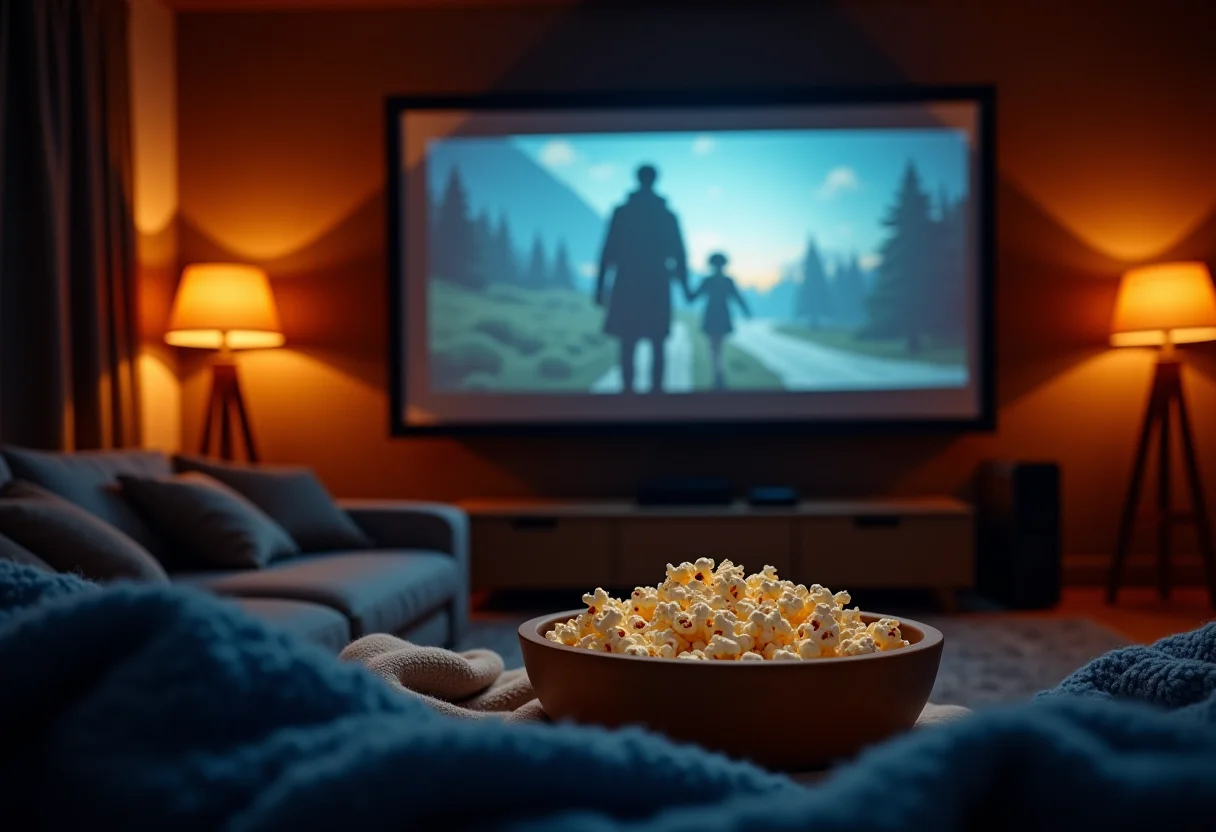 Sala de estar aconchegante preparada para uma noite de cinema em casa.