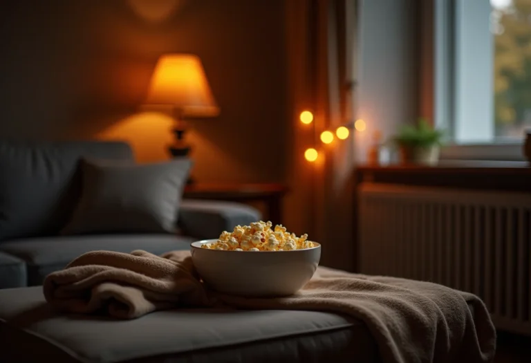 Sala de estar aconchegante preparada para uma noite de filmes em família