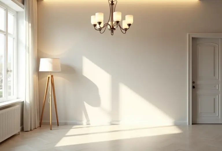 Sala de estar ampla e iluminada com diversas fontes de luz