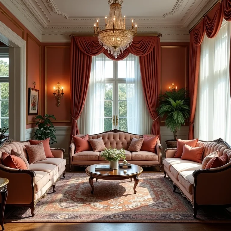 Sala de estar clássica com tecidos luxuosos e detalhes ornamentados