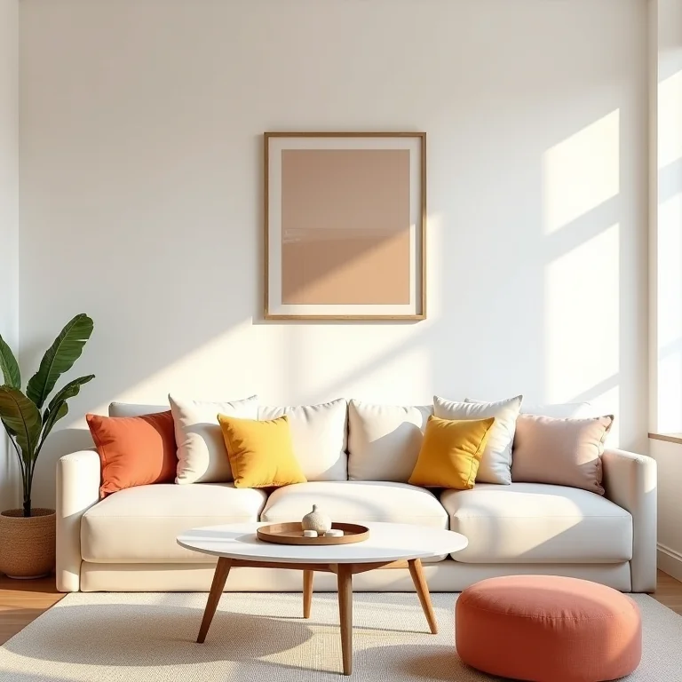 Sala de estar com base neutra e toques de cor