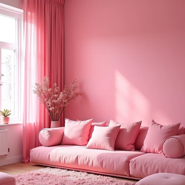 Sala de estar com excesso de rosa.